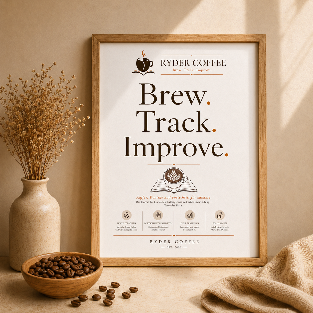 Ryder Coffee Poster A3 – Brew. Track. Improve. | Kaffee Poster für Küche & Coffee Corner
