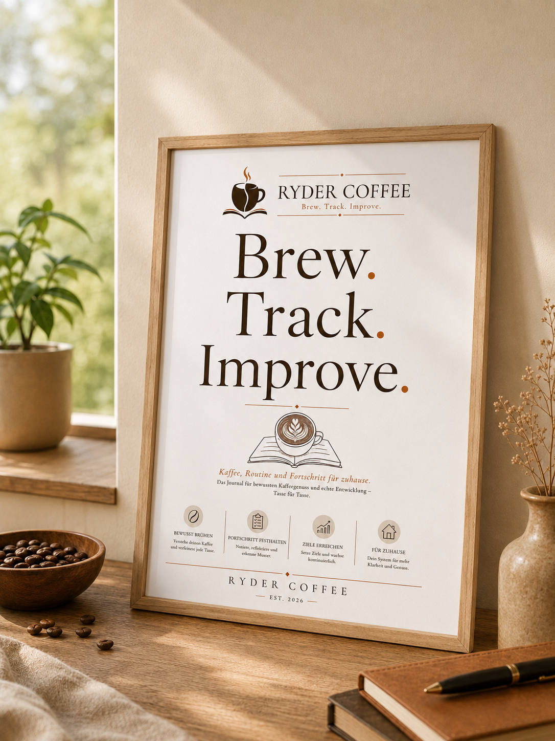 Ryder Coffee Poster A3 – Brew. Track. Improve. | Kaffee Poster für Küche & Coffee Corner