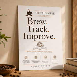 Ryder Coffee Poster A3 – Brew. Track. Improve. | Kaffee Poster für Küche & Coffee Corner