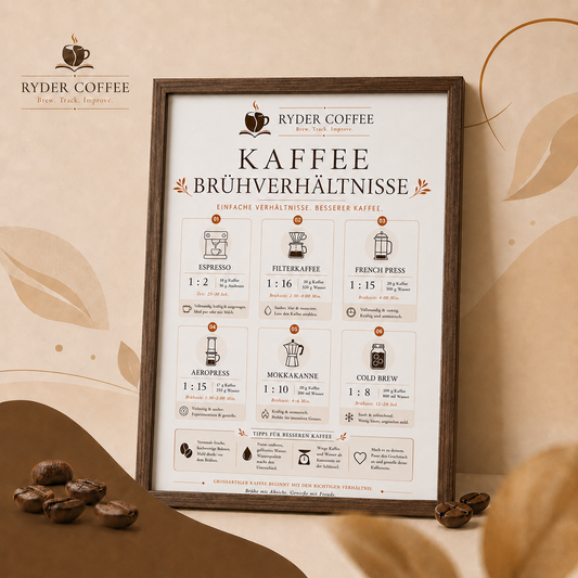 Ryder Coffee Poster A3 – Kaffeebrühverhältnisse | Kaffee Poster für Küche & Coffee Corner