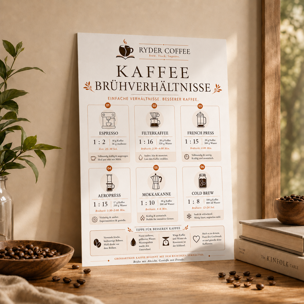 Ryder Coffee Poster A3 – Kaffeebrühverhältnisse | Kaffee Poster für Küche & Coffee Corner