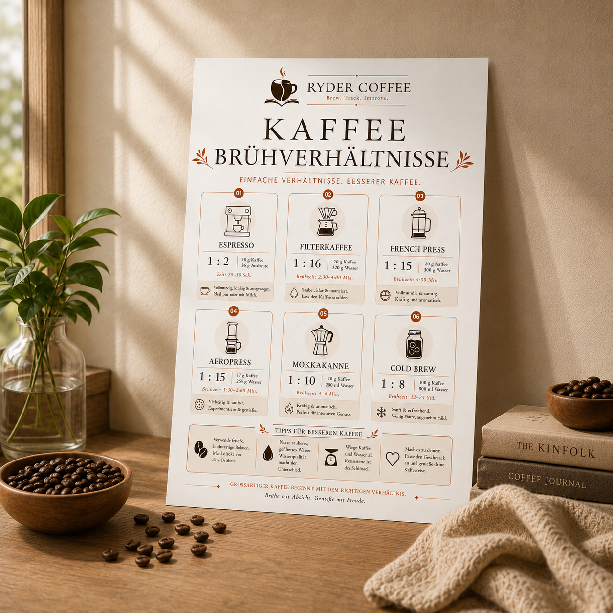 Ryder Coffee Poster A3 – Kaffeebrühverhältnisse | Kaffee Poster für Küche & Coffee Corner