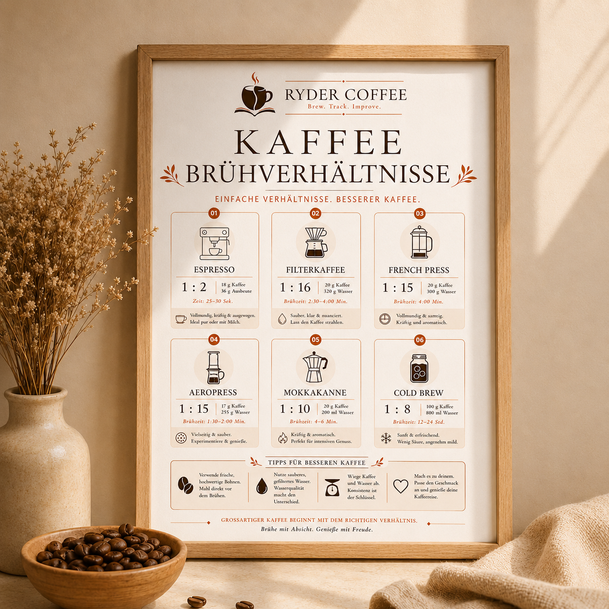 Ryder Coffee Poster A3 – Kaffeebrühverhältnisse | Kaffee Poster für Küche & Coffee Corner