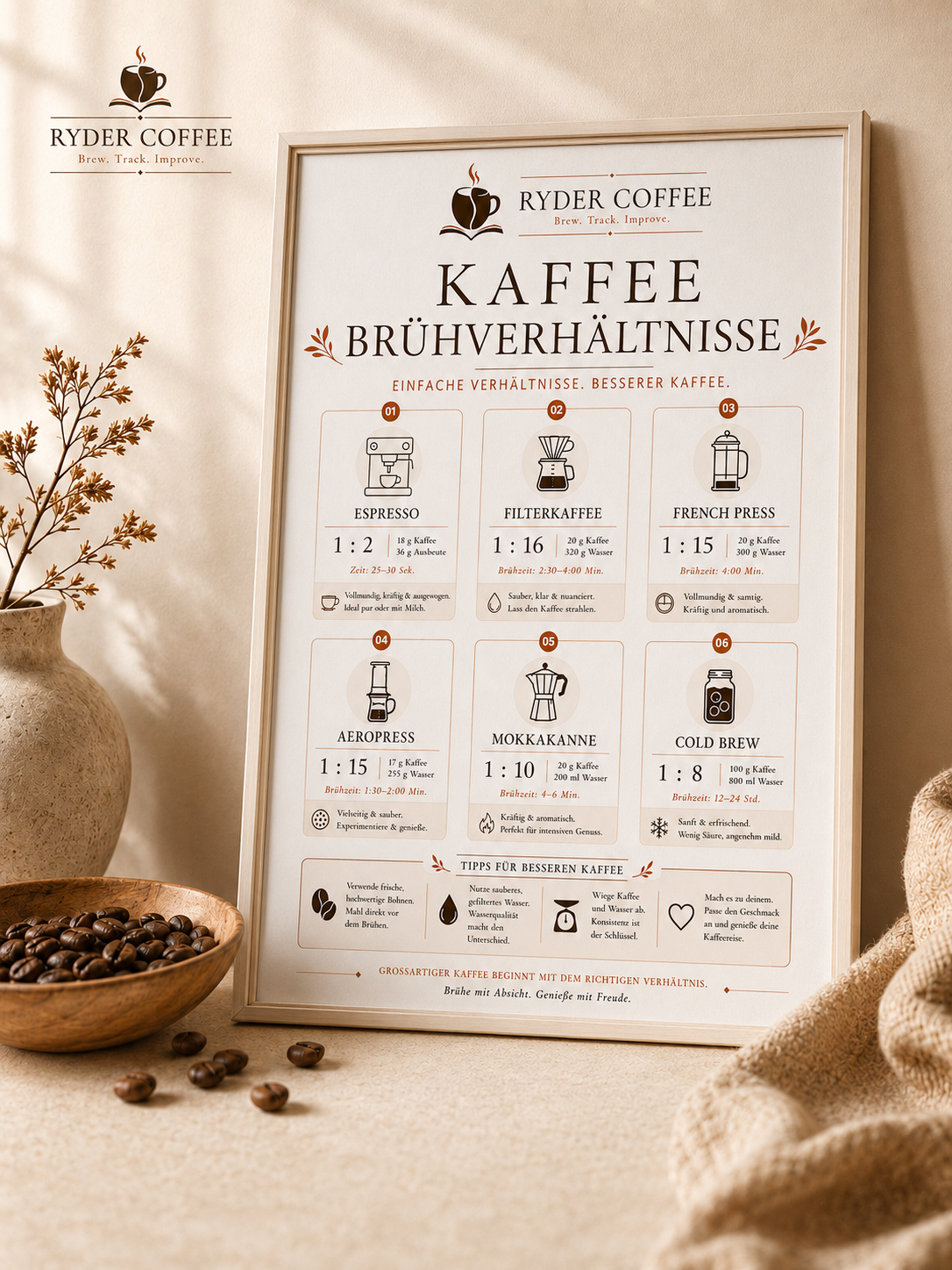 Ryder Coffee Poster A3 – Kaffeebrühverhältnisse | Kaffee Poster für Küche & Coffee Corner